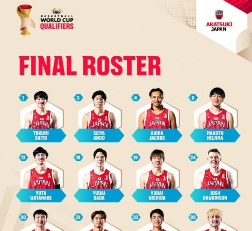 日本男篮 12 人（7/6 19:30 客场 vs 中国